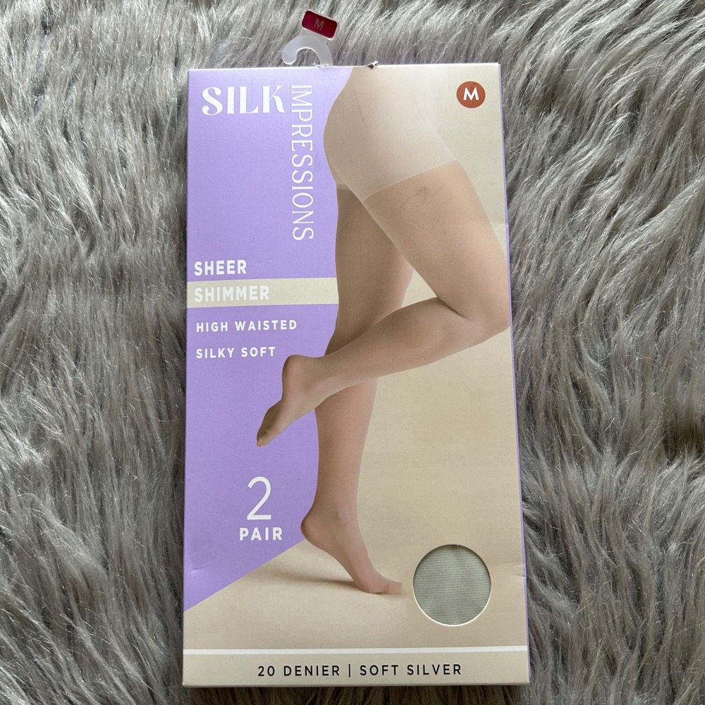 Silk Impressions Sheer Shimmer Tights Women Size Medium Soft Silver High Waisted